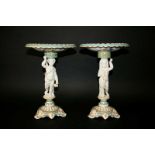 PAIR OF 19THC COPELAND TAZZA the parian figures supporting pierced tops painted with panels of