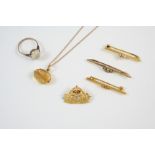 A QUANTITY OF JEWELLERY including a gold and pearl set naval crown brooch, a gold and enamel naval