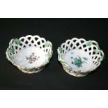 PAIR OF 18THC ENGLISH PORCELAIN BASKETS a pair of small lattice baskets, with floral sprays and