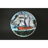 POOLE POTTERY CHARGER the charger painted with a Galleon. Marked, Poole, England. 13 3/4ins (