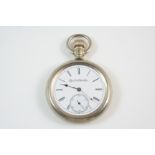 A SILVER COLOURED METAL OPEN FACED POCKET WATCH BY ELGIN, NATT WATCH CO. the signed circular dial