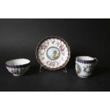 18THC WORCESTER COFFEE CUP, TEA BOWL & SAUCER each decorated in the Dalhousie style with lakeside