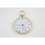 A GOLD OPEN FACED POCKET WATCH the white enamel dial with Roman numerals and subsidiary seconds