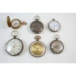 A SILVER OPEN FACED POCKET WATCH the silvered floral dial with Roman numerals, hallmarked for