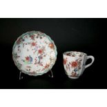 18THC WORCESTER CUP & SAUCER in the Two Quail pattern, painted in the Kakiemon style. Cup marked