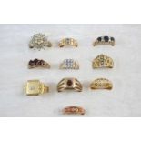 TEN ASSORTED GOLD AND GEM SET RINGS including a diamond five stone ring and an 18ct. gold signet