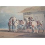 RICHARD SIMKIN (1840-1926) A LAD TENDING FOUR HORSES Signed, watercolour over traces of pencil 23.