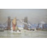THE REV. SIR HUBERT JAMES MEDLYCOTT, Bt. (1841-1920) SAIL AND STEAM NEAR TOWER BRIDGE Signed and