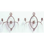 A PAIR OF BRASS WALL LIGHTS of neo-classical design, set with lustre drops 13.5" (34cm)