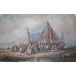 CIRCLE OF SAMUEL AUSTIN (1796-1834) A BUSY FISH SALE ON THE BEACH Watercolour with scratching out,