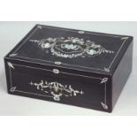 A VICTORIAN EBONISED WORK BOX with brass and mother of pearl inlay and fitted interior 12" (30cm)