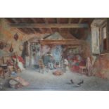 ARTHUR GLENNIE, RWS (d.1890) A COTTAGE INTERIOR WITH FIGURES BY A FIRE Signed, watercolour 24.5 x