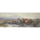 TOM ROWDEN (1842-1926) CATTLE ON A MOOR Signed and indistinctly dated, watercolour 17.5 x 47.5cm. ++