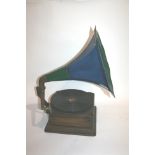 HORN GRAMOPHONE an oak cased gramophone with a Cardiphone soundbox and tin horn. Horn 45cms