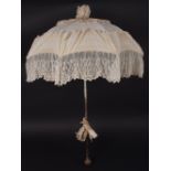 A QUANTITY OF BOXED FANS & A WHITE LACE PARASOL The C19th white lace carriage parasol with lace