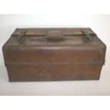 FITTED LEATHER TRAVELLING CASE a large leather case with a brass lock, the top opens to reveal