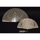 A C18th WHITE LACE FAN WITH MOTHER OF PEARL STICKS Alencon lace fan 35.5cms x 66.5cms in the