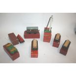 HORNBY 0 GAUGE 7 boxed items including 5 wagons, coach and signal. No 1 Timber Wagon Wooden Plank