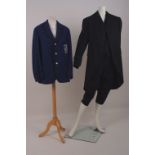 A 3-PIECE FROCK COAT & BREECHES & SPORTS JACKET. A heavy black wool 3-piece frock coat, waist coat