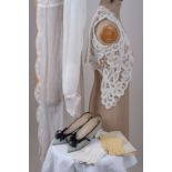 AN EDWARDIAN TEA DRESS, SLIPPERS, PAIR OF CIRCA 1828 GLOVES. A white lawn tea dress, broderie