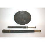 TWO TELESCOPES & CANADIAN NAVAL PLAQUE a one drawer metal telescope by Gieves No 10429, stamped J