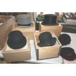 BOXED TOP HATS including a Herbert Johnson black top hat in it's box, a Herbert Johnson grey top hat