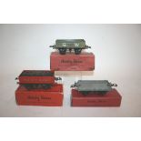 HORNBY 0 GAUGE three boxed 0 gauge wagons, Meccano with Coal Load (flap missing from box), Flat