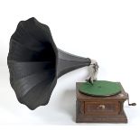 HMV SENIOR MONARCH GRAMOPHONE an HMV gramophone with a carved oak case, exhibition sound box and