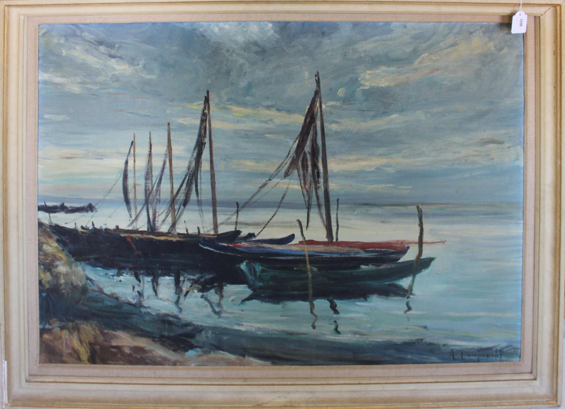 Ölgemälde auf Leinwand, Anton Lamprecht (1901-1984), "Boote mit Fischernetzen vor der Lagune von - Image 3 of 3