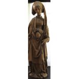 Holzfigur aus Eichenholz, Höhe ca, 83 cm, "Dame mit Gefäß"Mindestpreis: 100 EUR