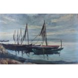 Ölgemälde auf Leinwand, Anton Lamprecht (1901-1984), "Boote mit Fischernetzen vor der Lagune von