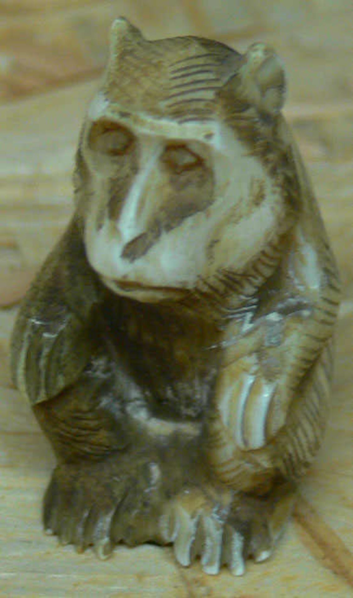 Netsuke,hockender Affe, Bein, L: ca. 25 mm, H: ca. 35 mm, B: ca. 20 mm.Mindestpreis: 20 EUR