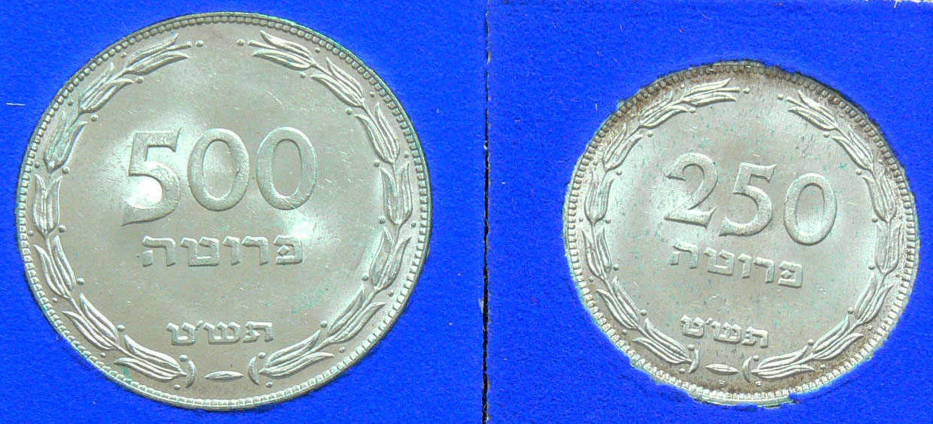 Israel 1949, 1 x 500 Prutot und 1 x 250 Prutot. Erhaltung: stgl.Mindestpreis: 5 EUR