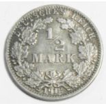 Deutsche Reich 1908, 1/2 Mark - Silbermünze, geschwärzt. 1918 J. Durchmesser: 20 mm, Gewicht: 2,78