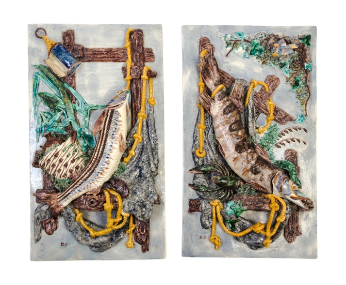 * A Pair of Palissy Style Trompe L'Oeil Wall Plaques   victor barbizet, circa 1865-1870   each of