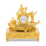 * An Empire Gilt Bronze Mantel Clock   early 19th century   cast as a robed maiden and Cupid in a