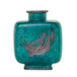 A Gustavsberg Argenta Jar   wilhelm kage, 1930   decorated with a nude riding a fish.   Height 7 1/8