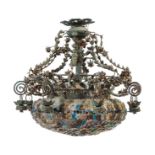 * A Wrought Iron and Glass Chandelier   having a basket diffuser modeled with clusters of fruit