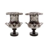 * A Pair of English Silver Mounted Marble Vases   circa 1830   each of campagna urn form, mounted at