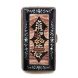 * A Continental Aragonite, Hardstone and Abalone Inlaid Black Lacquered Souvenir Cigar Case   of