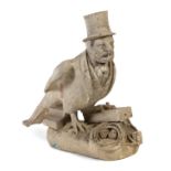 * A Carved Stone Figure   early 20th century   depicting a harpy with a man's head in a top hat.