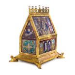 * A Continental Stained and Painted Glass Mounted Gilt Bronze Chasse Form Casket   19th century