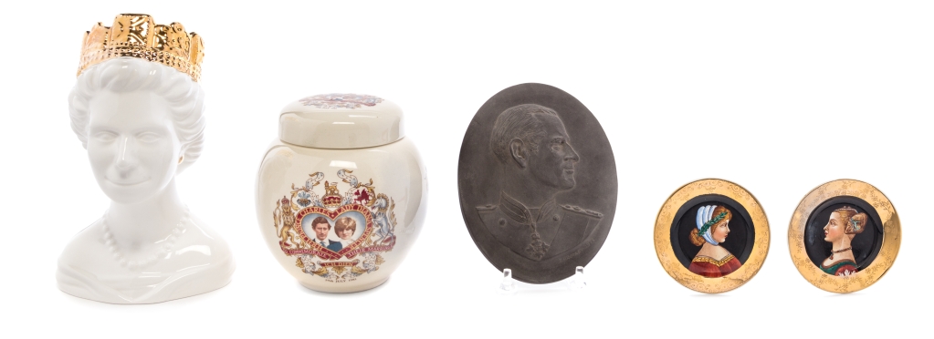 * Three Royal Commemorative Articles   together with two saucers.   Height of tallest 7 1/2 inches.