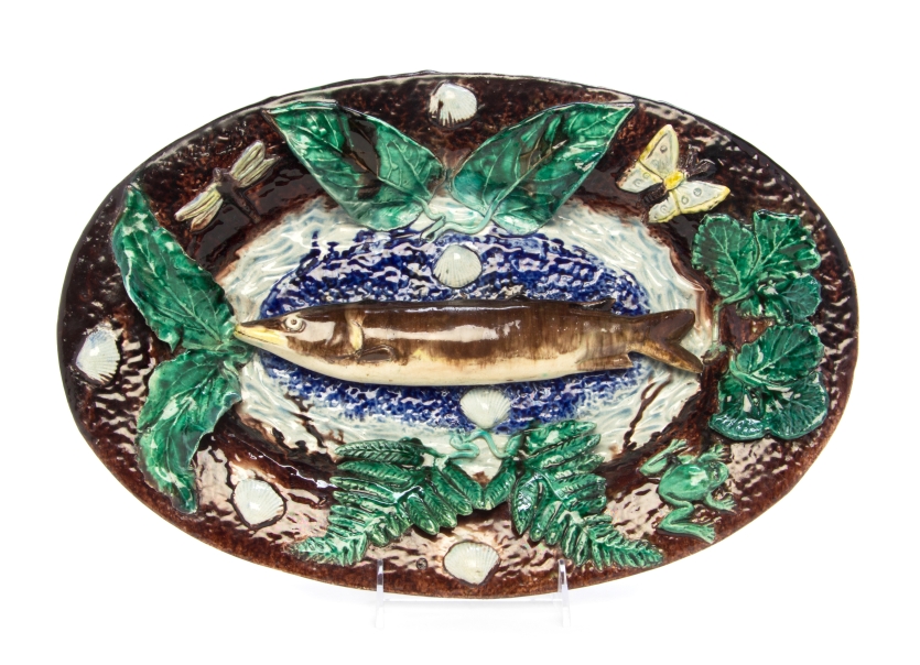 * A French Palissy Style Trompe L'oeil Oval Platter   french, circa 1880   modeled with a pike