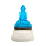 A German Blue and Frosted Glass Figural Box   20th century   in the form of a seated Buddha, the