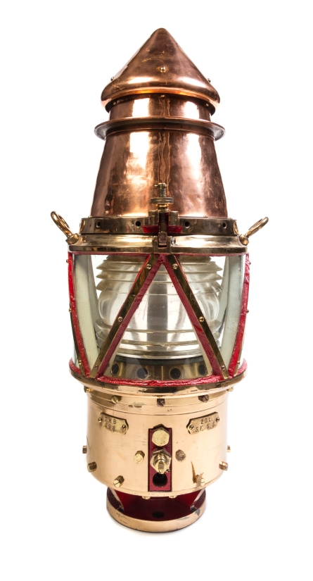 * A Large Brass and Copper Buoy Lantern   with a clear glass lens, electrified for use as a