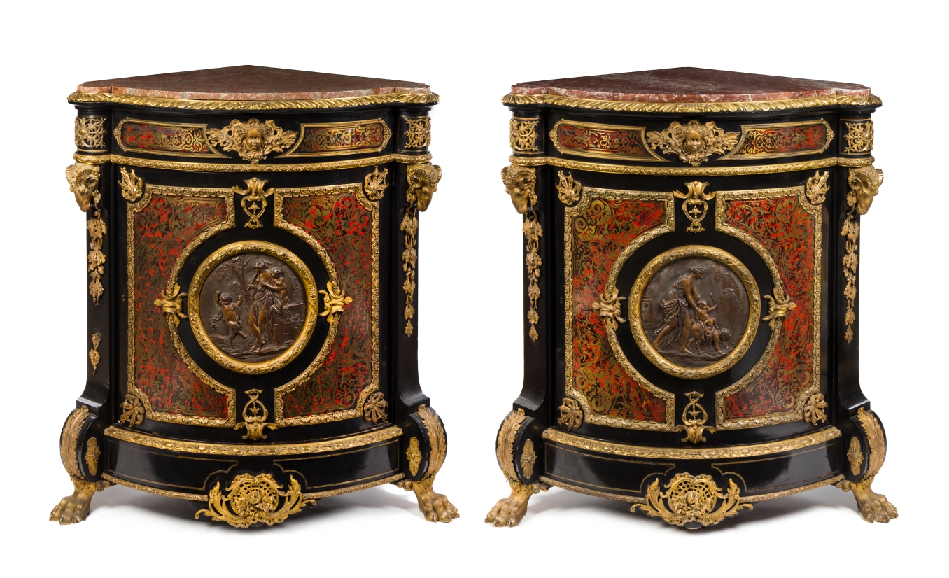 * A Pair of Napoleon III Gilt Bronze Mounted Boulle Marquetry Encoignures   attributed to grohe