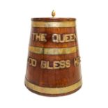 * A Brass Mounted Oak Grog Cask   tapering, with brass letters reading THE QUEEN / GOD BLESS