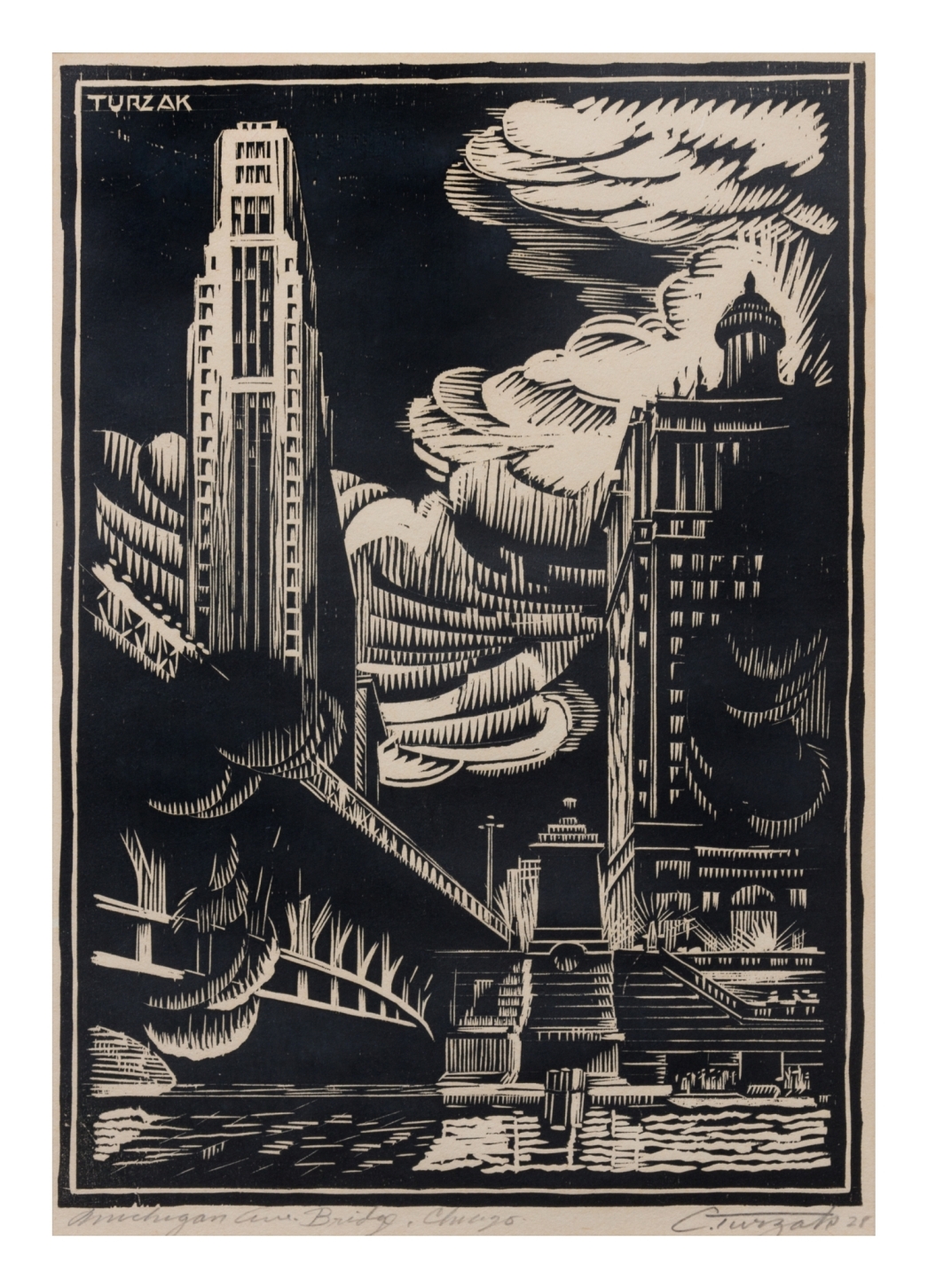 Charles Turzak   (American, 1899-1985)   Michigan Avenue Bridge, Chicago, 1928   woodcut   signed C.