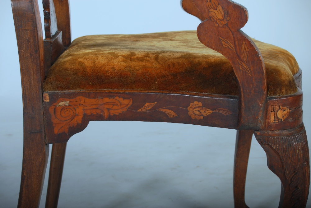 A pair of 18th/ 19th century Dutch mahogany and marquetry inlaid armchairs, the vase-shaped splats - Image 5 of 6